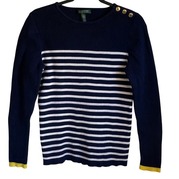 Lauren Ralph Lauren Sweaters - Lauren Ralph Lauren Striped Ribbed Knit Sweater Sz L Navy White Buttons Preppy